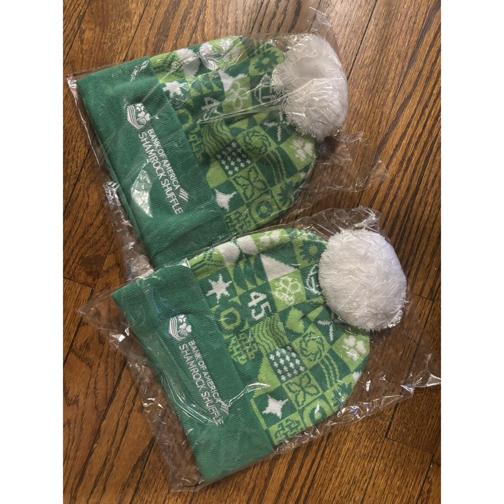 Bank of America Shamrock Shuffle Green White Knit Beanie Pom Pom‎ Hat Lot of 2